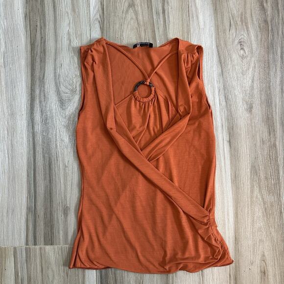 VTG Y2K A Byer Top Medium Beige Sleeveless Surplice Blouse Ring USA Preppy Fall - Picture 1 of 7